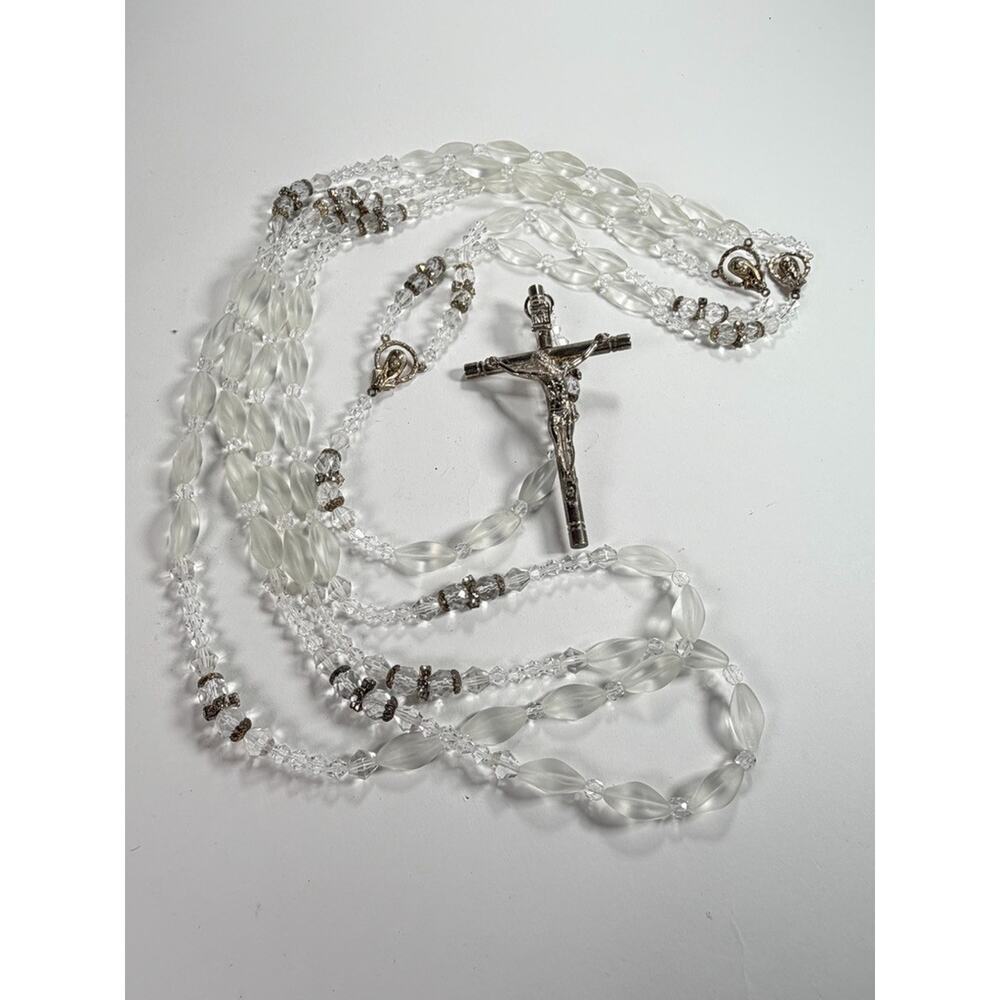 Vintage Rosary Necklace Crucifix Cross Clear Glass Beads 30”